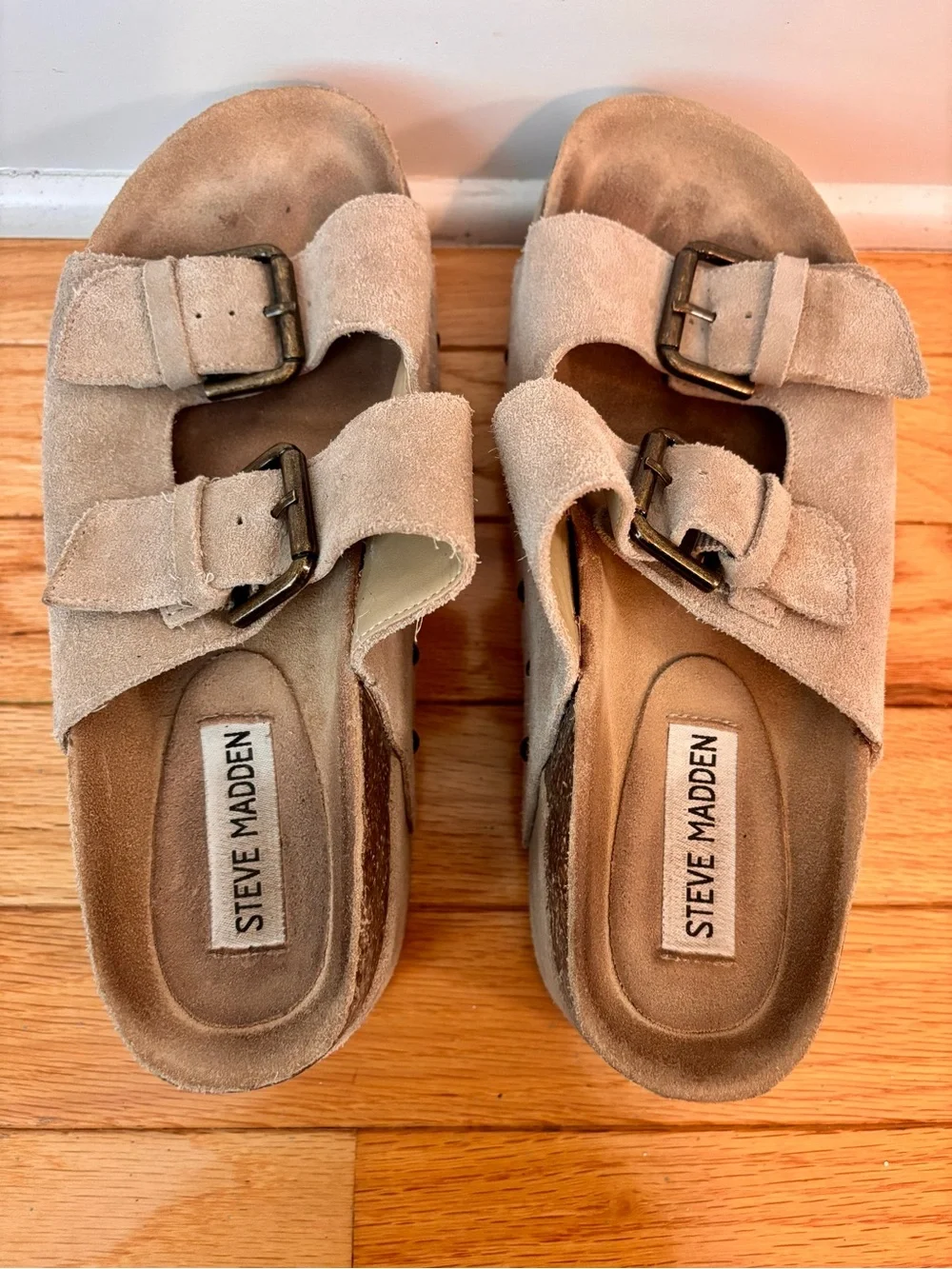 Steve Madden KALI Platform Sandals Taupe Suede Double Buckle Womens 7